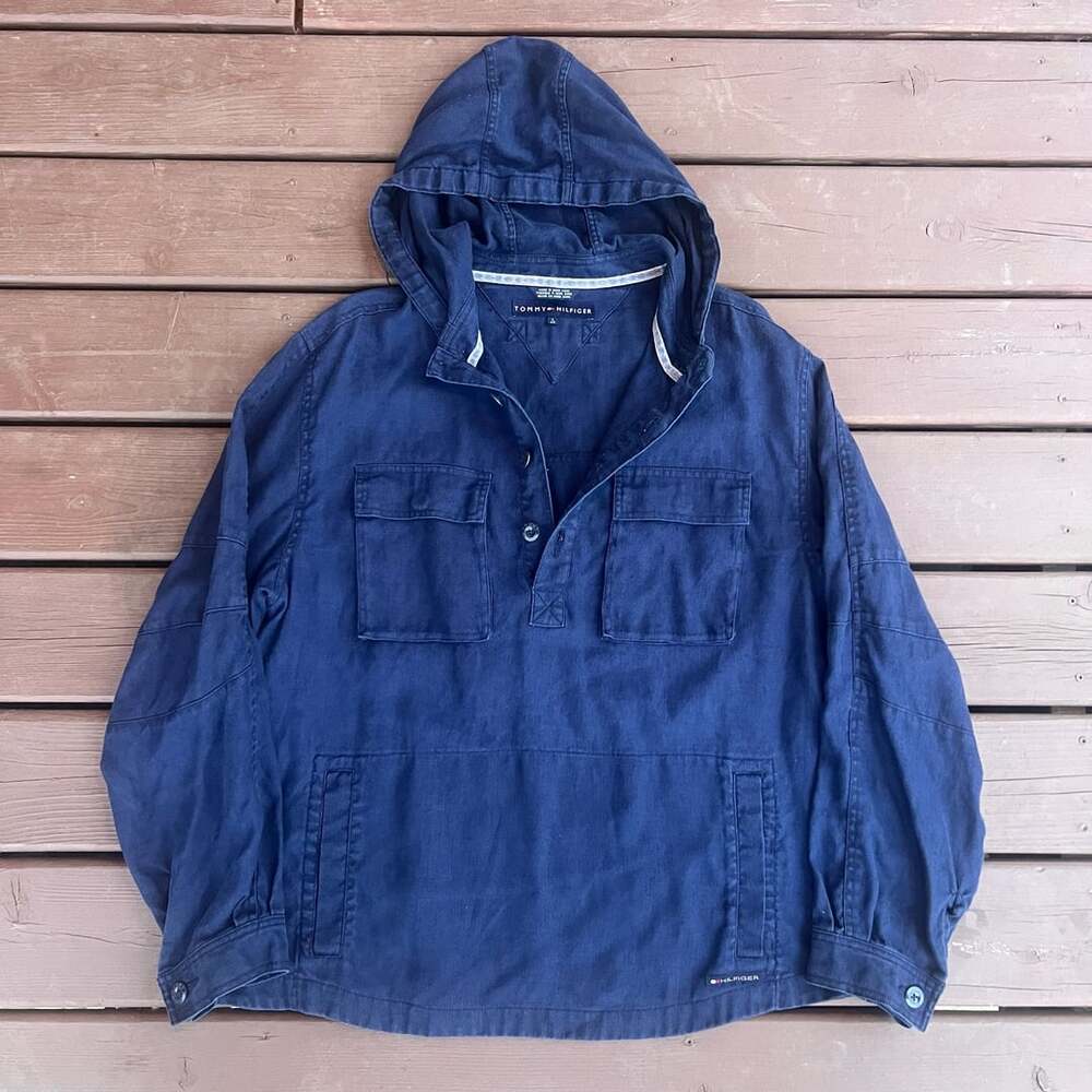Vintage Y2K Tommy Hilfiger 100% Linen Pullover Parka Anorak Jacket Blue Large